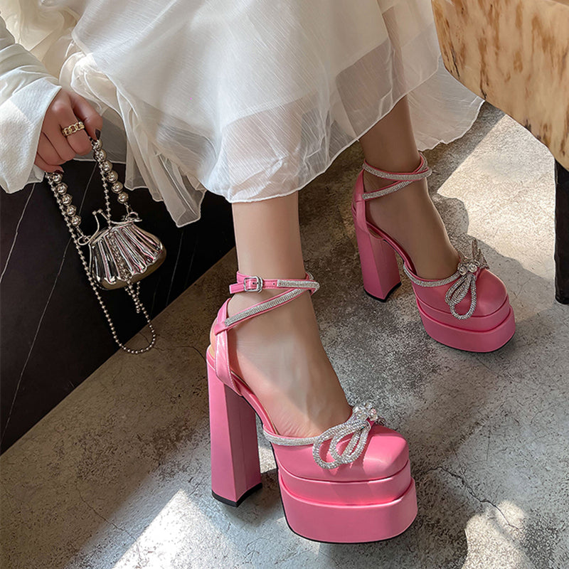 POSHOOT Ankle Strap Women Pumps Elegant Party Shoes Butterfly-Knot Crystal Hoof Heel Platform Square Toe High Heel Dress Shoes