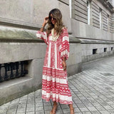 Poshoot Boho Loose Maxi Dress Women Elegant Summer 2022 Geometric Ankle-Length V-Neck Puff Sleeve Holiday Beach Dresses Party Vestidos