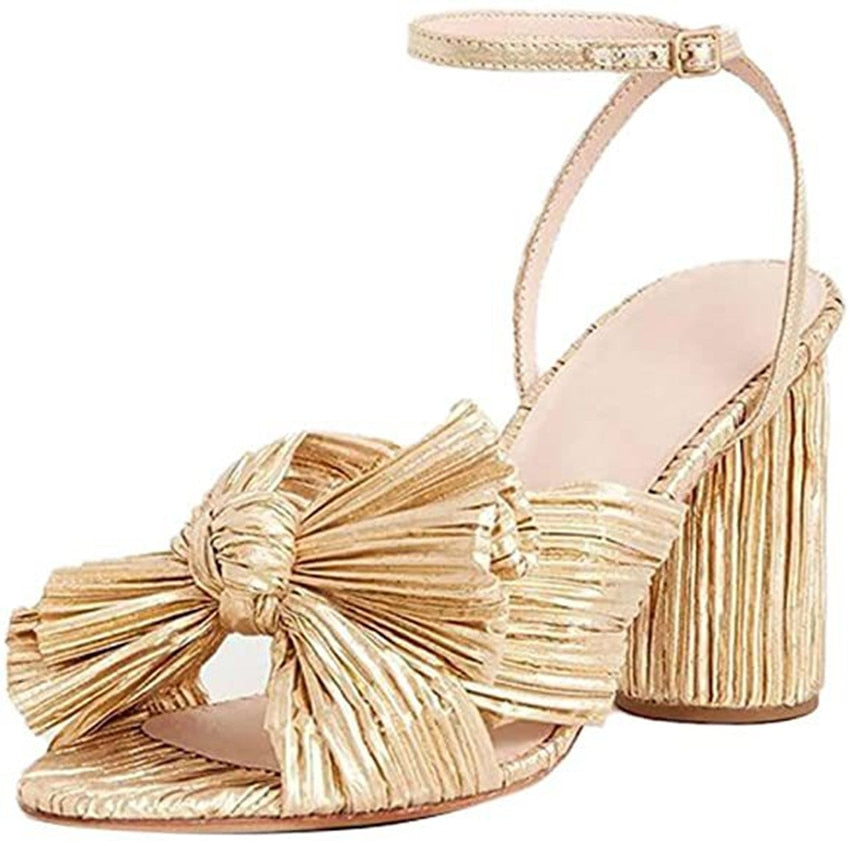 POSHOOT Women Sandals New Brand Summer Shoes Pleated Bow-Knot Round Heels Open Toe Dress Shoes Big Size Party Wedding Shoes