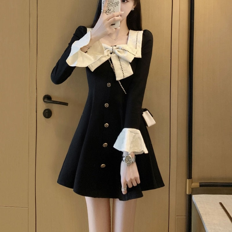 Poshoot Autumn Outfits      Korean Vintage Black Mini Tunic Dress Women Preppy Style Patchwork Long Flare Sleeve Princess Dresses Sweet Vestidos