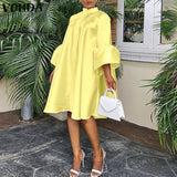 POSHOOT Loose Dress Women Loose Puff Sleeve O Neck Mini Dresses Oversize Bohemian Vestidos Oversized Short Robe Femme 2022