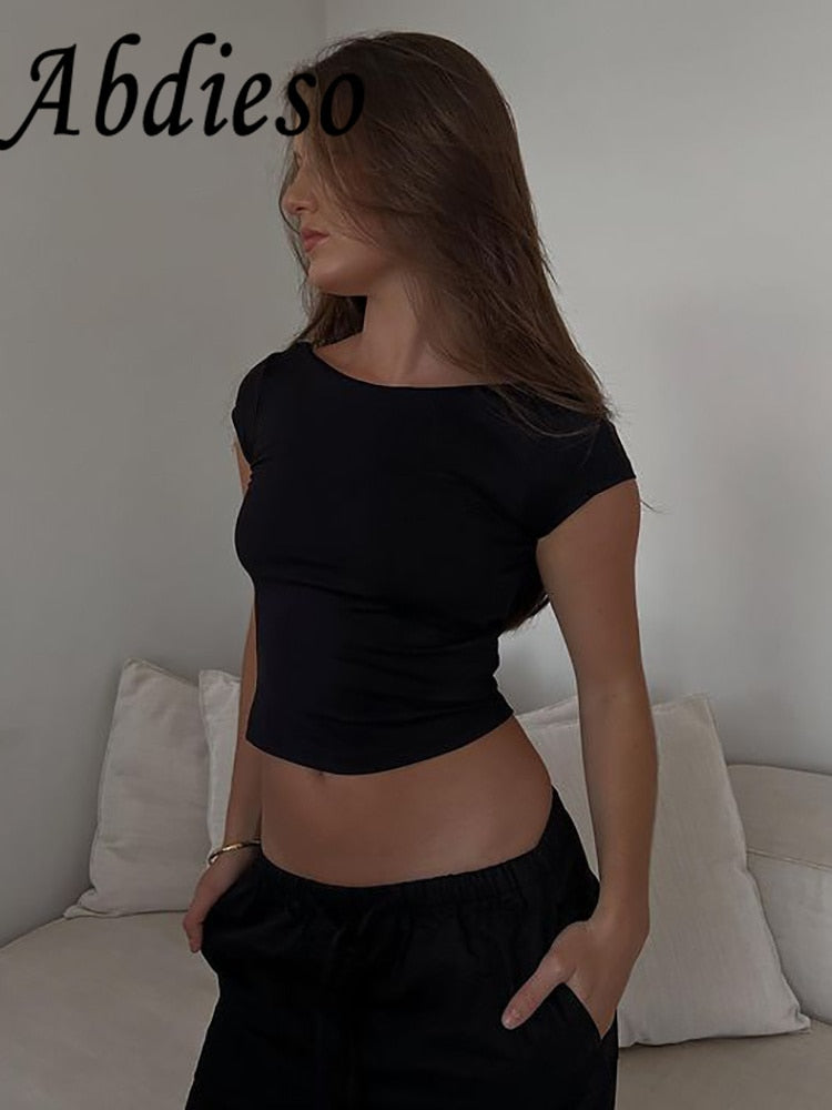 Y2K Sexy Backless Long Sleeve Crop Top Women Black 2023 Summer Skinny Cut Out Basic T Shirts Fashion Streetwear Tees