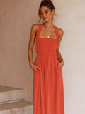 Poshoot Casual Summer Dress Women Solid Color Fashion Backless Halter Cotton Long Elegant Linen Orange Maxi Dresses Female 2022 Vestido