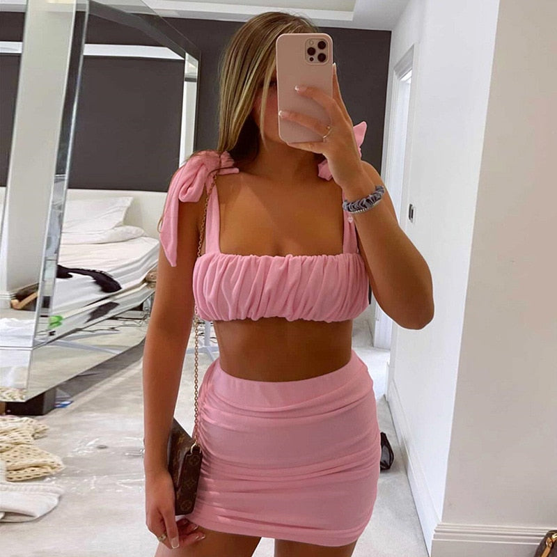 POSHOOT Elegant Ruched Crop Top And Skirt 2 Piece Set Outfits For Women Co-Ord Sets Sexy Matching Sets Club Party Clothes