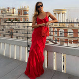 Poshoot Women Elegant Deep V Neck Maxi Dress Sexy Ruffles Backless Party Club Dresses 2023 Fashion Ladies Beach Split Sundress Vestidos