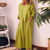 Vintage Casual Crew Neck Long Maxi Dress Women 2023 Spring Solid Pocket Simple Cotton Dress Autumn Long Sleeve Loose Boho Dress