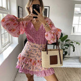 2023 Women's Spring Summer Dress Long Sleeve V-Neck Tiered Ruffled Dress Women Floral Print Elegant Party Dress