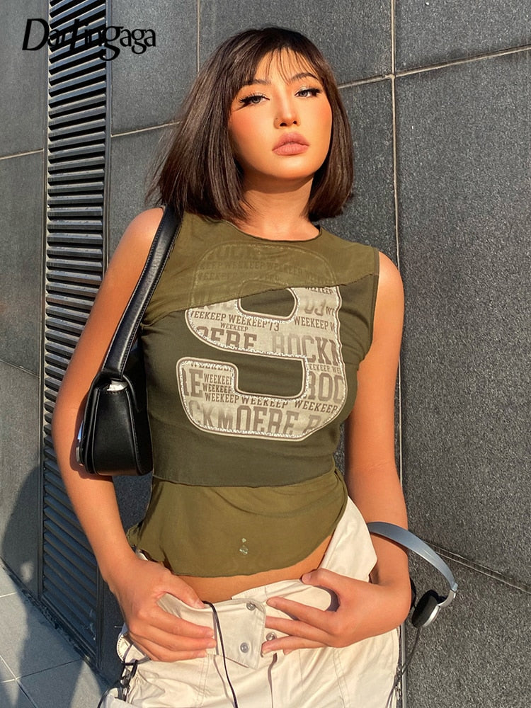 POSHOOT  Streetwear Vintage Digital Printed Summer Tank Top Female Patched Slim Vest Stitching Sleeveless Crop Tops Aesthetic