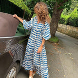 Poshoot Boho Loose Maxi Dress Women Elegant Summer 2022 Geometric Ankle-Length V-Neck Puff Sleeve Holiday Beach Dresses Party Vestidos