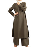 POSHOOT Fashion Women's Dress Long Sleeve Crew Neck Sweatshirt Plus Size Loose Straight Cut Commuter Style Slit Robe Two Piece Set