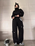 Poshoot  Autumn Outfits    Hippie Kpop Letter Black Cargo Pants Women Cyber Punk Wide Leg Baggy Trousers Harajuku Streetwear Oversize Pantalons