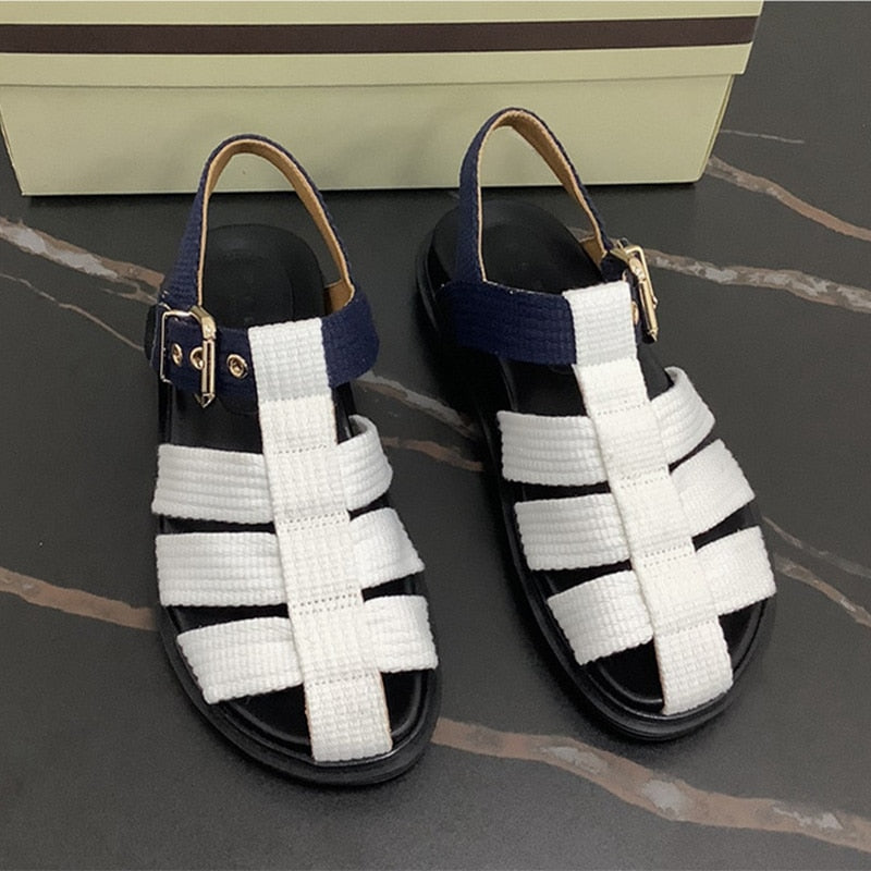 POSHOOT Women Sandals New Summer Female Canvas Flat Shoes Ladies Mixed Ciolor Fashion Buckle Strap Weave Outdoors Footwear 2022 New