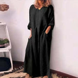 Vintage Casual Crew Neck Long Maxi Dress Women 2023 Spring Solid Pocket Simple Cotton Dress Autumn Long Sleeve Loose Boho Dress