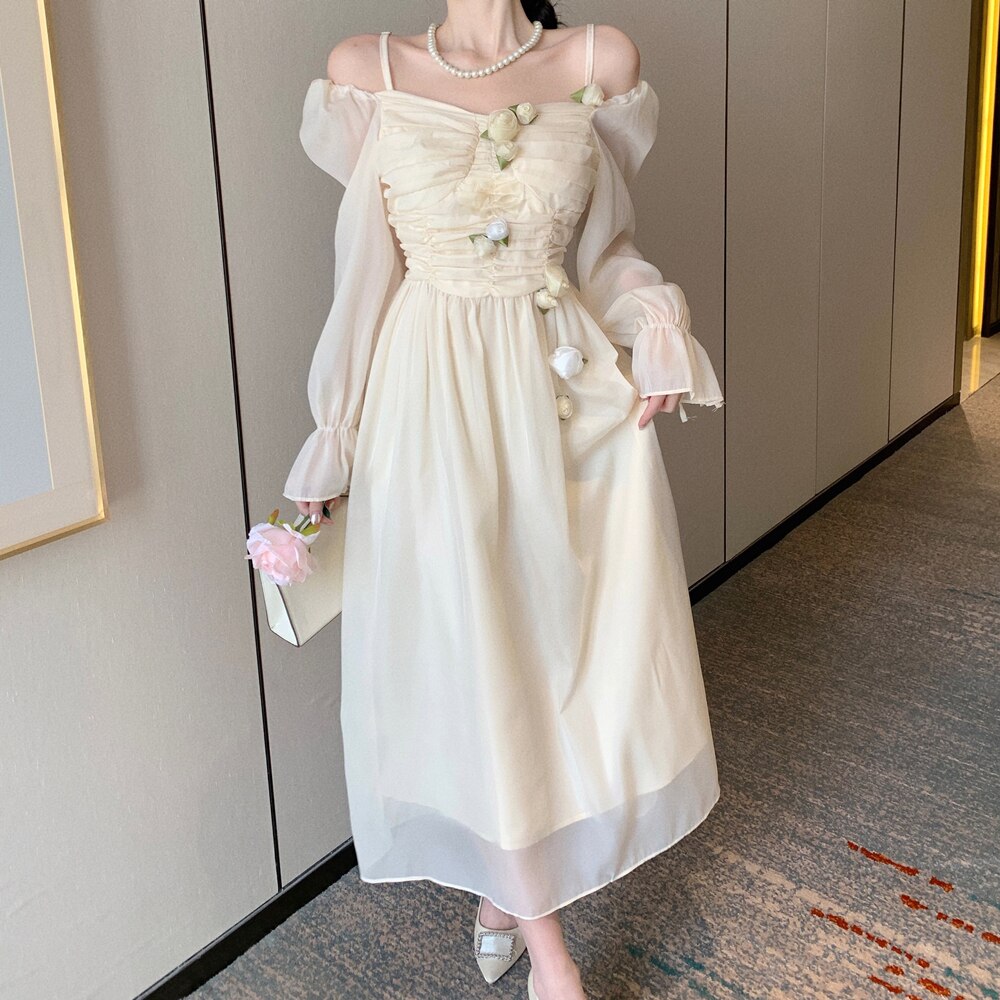 Poshoot  fashion inspo  Rose Long Fairy Dress French  Puff Sleeve Chiffon Elegant Off Shoulder Princess  Wedding Dresses for Women Summer Midi Dress