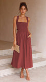 Poshoot Casual Summer Dress Women Solid Color Fashion Backless Halter Cotton Long Elegant Linen Orange Maxi Dresses Female 2022 Vestido