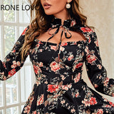 Women Chic Floral Print Hepburn Long Sleeves Edible Fungus Hem Spring&Autumn Mini A-line Sexy Party Dress