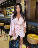 Poshoot Sexy V Neck Batwing Sleeve Satin Mini Dress Summer Fashion High Waist Asymmetrical Design Party Dresses For Women 2022