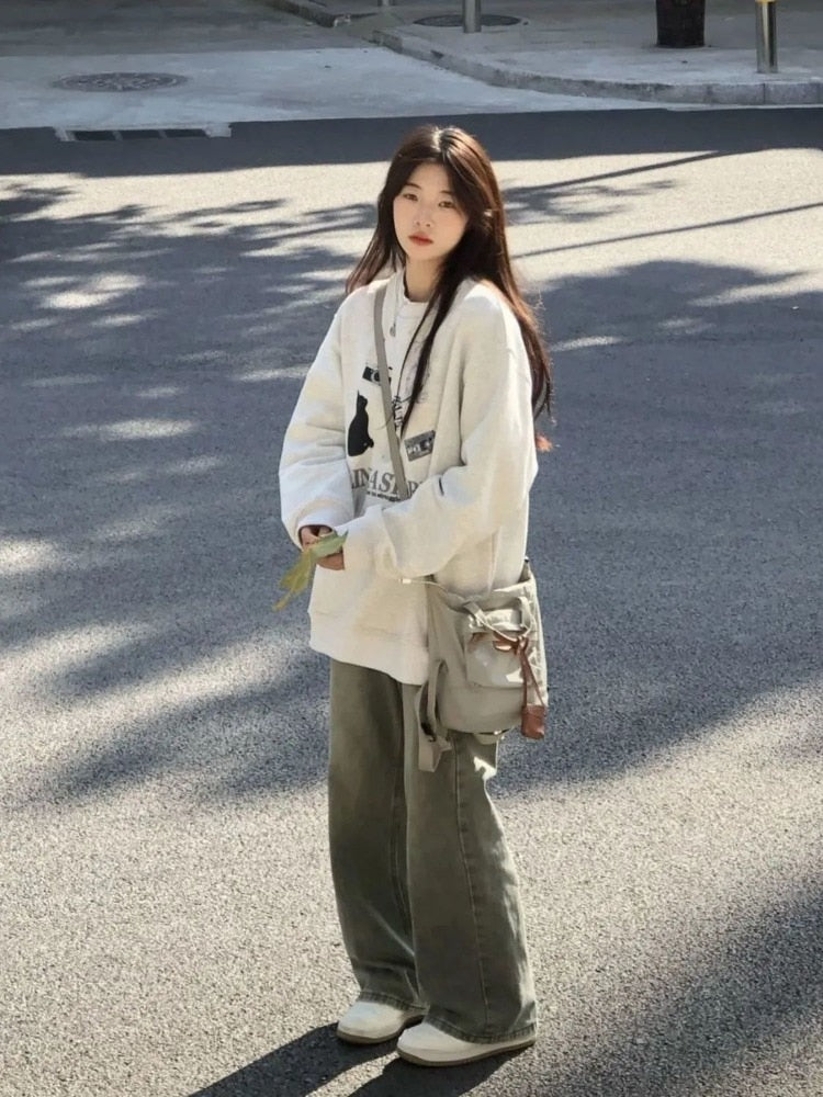 Poshoot Autumn Outfits     Korean Fashion Graphic Grey Sweatshirts Women Harajuku Kpop Long Sleeve Pullover Y2k American Retro Oversize Loose Tops