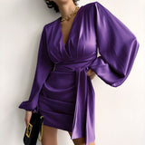 Poshoot 2023 Autumn Winter Women Satin Mini Dress Elegant Office Long Sleeve V-Neck Solid Purple Dress For Women