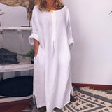 Vintage Casual Crew Neck Long Maxi Dress Women 2023 Spring Solid Pocket Simple Cotton Dress Autumn Long Sleeve Loose Boho Dress