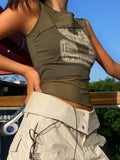 POSHOOT  Streetwear Vintage Digital Printed Summer Tank Top Female Patched Slim Vest Stitching Sleeveless Crop Tops Aesthetic