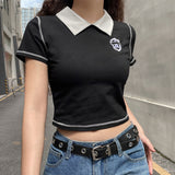 POSHOOT  Vintage Preppy Style Black Line Summer Tee Shirt Turn Down Collar Cute Crop Tops Letter Basic Cute T Shirt Women Slim