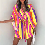 Poshoot Summer Mini Loose Dress Casual Drawstring Tie-Up Fashion Print Batwing Sleeve Beach Sexy Button V Neck Women Party Dresses