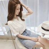 POSHOOT Women Summer Elegant Shirt Korean V-Neck Flower Edge Lace Embroidery Puff Sleeve Cotton Blouse Female Top Plus Size Sweet Blousa