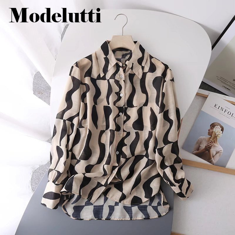 Back To School Poshoot 2022 New Spring Summer Fashion Long Sleeve Geometric Printed Lapel Shirt Women Simple Blouses Casual Tops Female