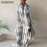 Poshoot Striped Print 2 Piece Set Women Loose Long Sleeve Blosue Wide Leg Pants Suit 2022 Elegant Office Ladies Outfits Summer Tracksuit