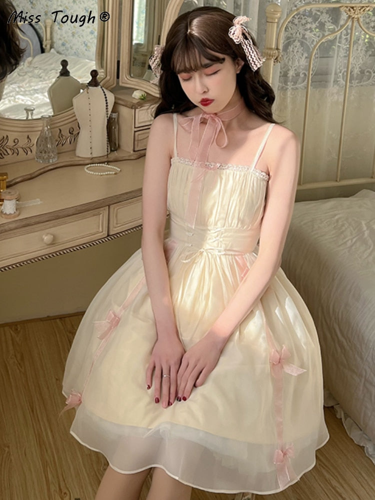 POSHOOT Vintage Elegant Evening Party Midi Dress Women Bow France Kawaii Princess Strap Dress Female Retro Sweet Fairy Dress Summer 2022