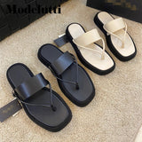 Back To School Poshoot 2022 New Fashion Thick Bottom Flip Flops Cowhide Solid Color Beach Slippers Women Simple Casual Sandals Shoes Female