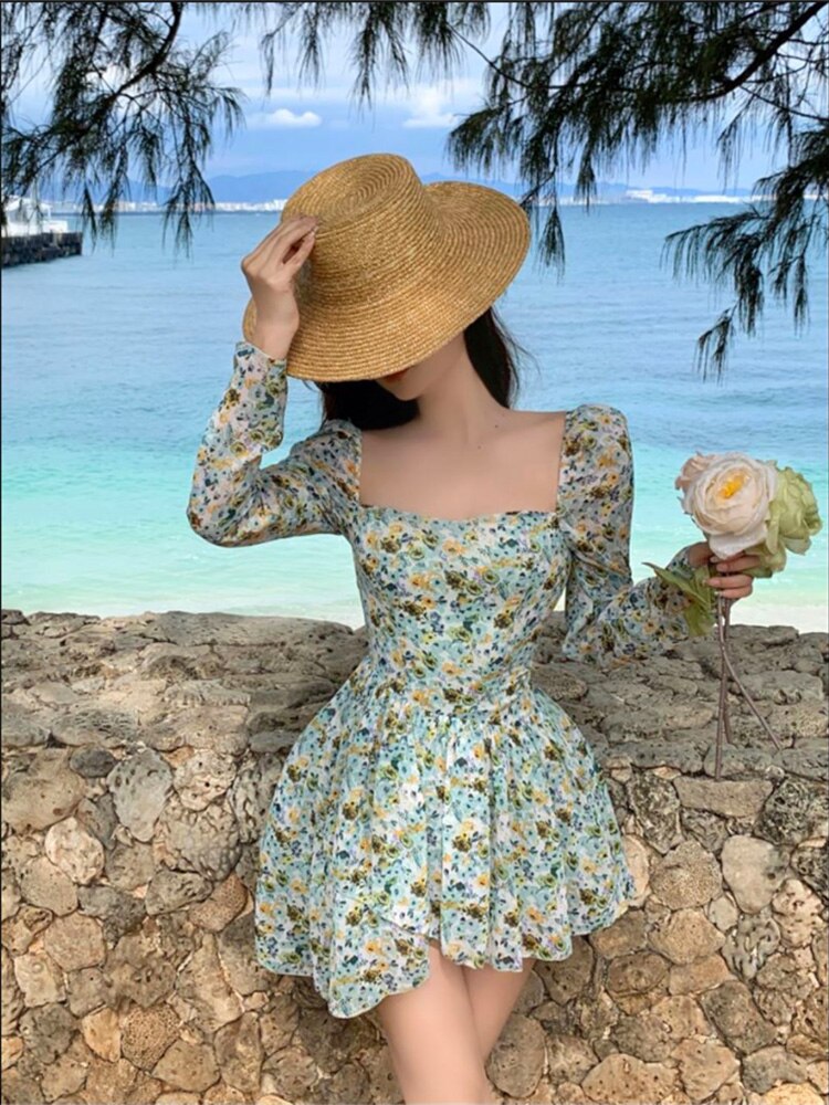 Poshoot  fashion inspo  Floral Dress Holiday Sweet Chiffon Long Sleeve Dress Square Collar Women's Summer Sundress Robe Boheme Femme Clothes