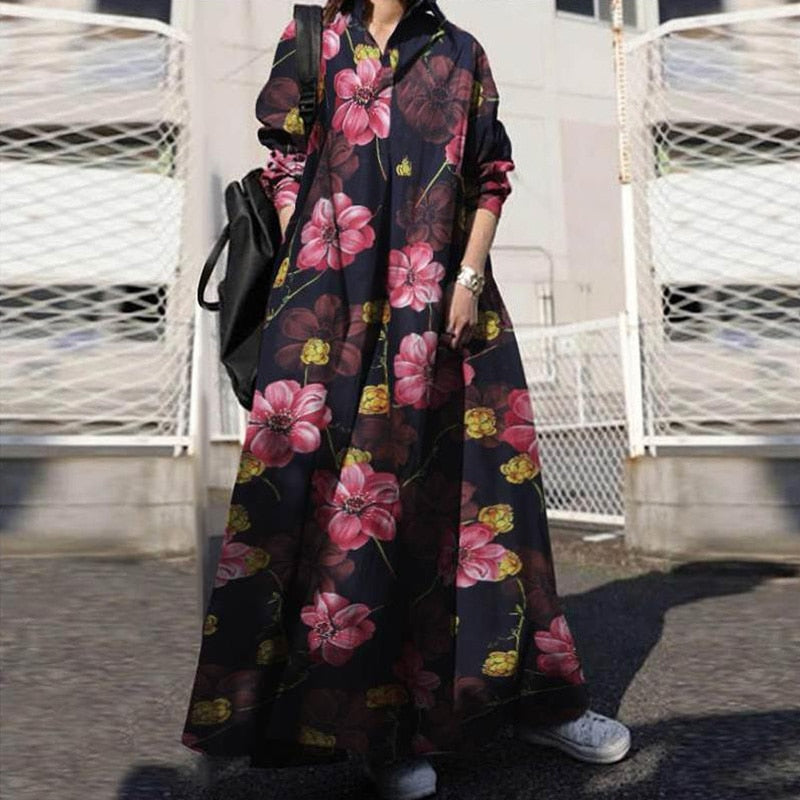 POSHOOT Fashion Printed Dress Women's Cotton And Linen Loose Oversized S-5XL Dresses Lapel Long-Sleeved Large Hem Casual And Floor Skirt