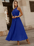 Poshoot Summer New Sexy Cross Halter Dress Fashion Waist Pleated Mid-Length Skirt Retro Temperament Elegant Back Cross Chiffon Dress