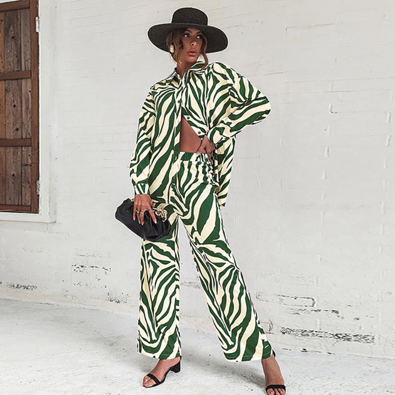 Poshoot Fashoin Stripes 2 Piece Set Women Loose Long Sleeve Blosue Wide Leg Pants Suit 2022 Elegant Zebra Stripes Office Ladies Outfits