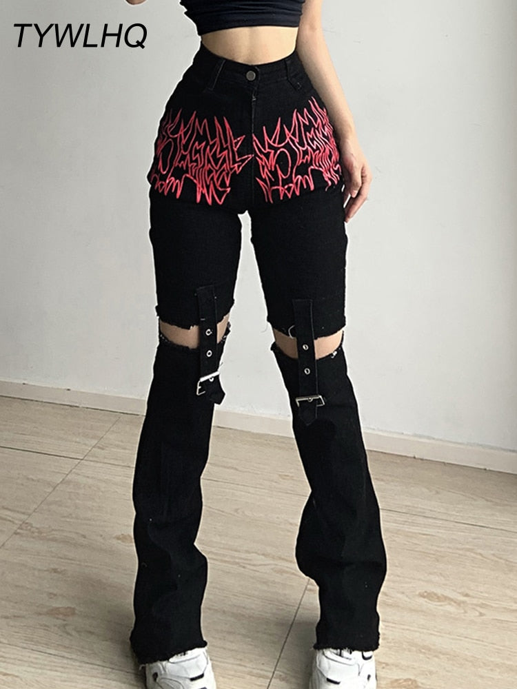 Poshoot Gothic Emo Cargo Pants Techwear Hippie Baggy Jeans Mom Goth Punk Black Denim Trousers Cyber Y2k Pants Academic Dark Clothes Alt