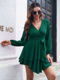 Poshoot Long Sleeve Elegant Dresses For Women Solid Color V Neck Lace Up Office Dress Autumn Winter Female Clothes