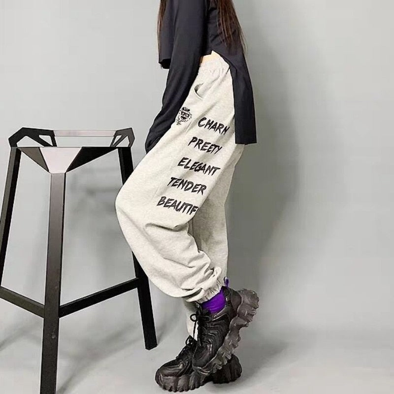 Poshoot  Autumn Outfits   Hippie Korean Style Letter Grey Sweatpants Women Kpop Streetwear Oversize Track Pants Harajuku Wide Leg Baggy Trousers