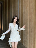 Poshoot  fashion inspo  V-neck White Dress Long Sleeve Ruffle Fairy Dress Solid Holiday Mini Beach Summer Dress Women Clothing Vestido