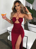 Poshoot 2023 Halter Hollow Out Drawstring Long Dress Women Fashion Sleeveless Backless High Split Elegant Ruched Dress Vestidos