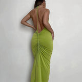 POSHOOT Backless Halter Back Ruched Sexy Midi Dress 2022 Green Club Party Beach Holiday Summer Dress Yellow Women Outfits