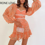 Women Chic Long Lantern Sleeves Detail Ruffles Hem Floral Print Hollow Out A-line Party Mini Chiffon Sexy Dress