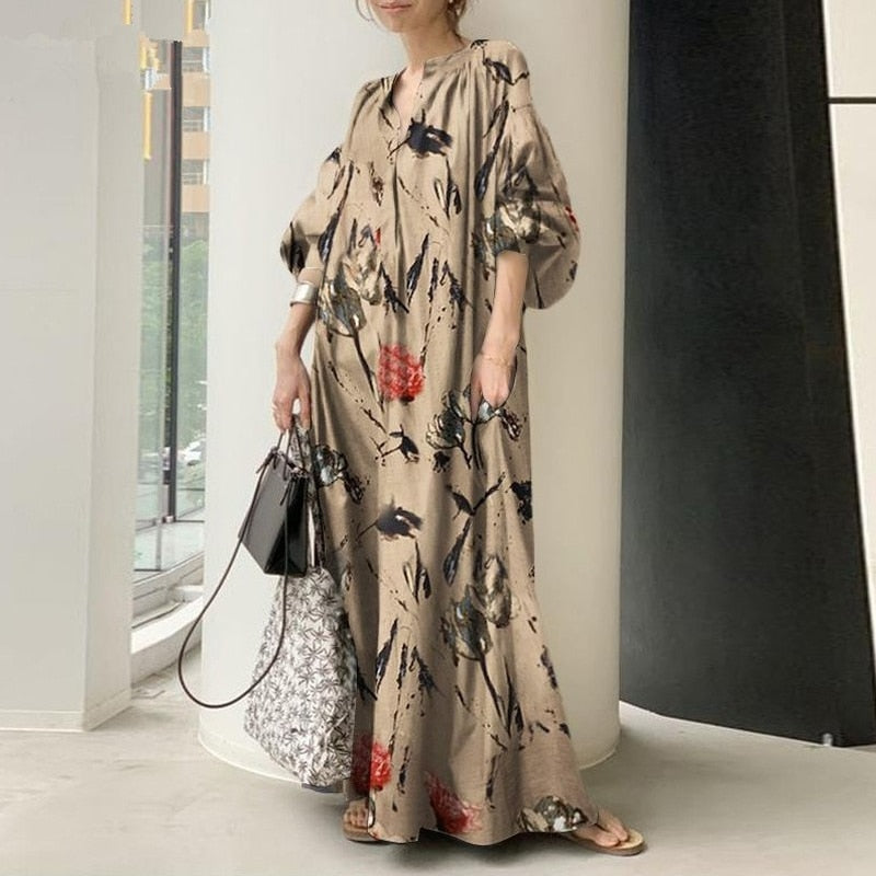 POSHOOT Women's Cotton And Linen Dress Printing V-Neck Simple Loose Lantern Sleeve Temperament Commuter Plus Size Pullover Long Skirt