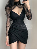 Poshoot  Autumn New OL  Mature V Neck Lace Mesh Splicing Elegant Hollow Out Long Sleeve Mini Dress Sweet Asian Female V6WQ