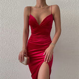 Poshoot Sexy Women 2023 Spaghetti Strap Velvet Party Dresses High Waist Backless V-Neck Bodycon Package Hip Evening Prom Dress Red Black