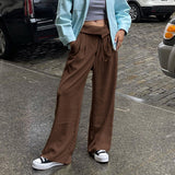 POSHOOT  Fashion Elegant Straight Solid Wide Leg Trousers High Street Lace Up Turn-Down Waist Women's Pants Loose Sweatpants
