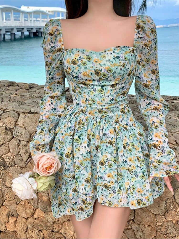 Poshoot  fashion inspo  Floral Dress Holiday Sweet Chiffon Long Sleeve Dress Square Collar Women's Summer Sundress Robe Boheme Femme Clothes