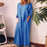 Vintage Casual Crew Neck Long Maxi Dress Women 2023 Spring Solid Pocket Simple Cotton Dress Autumn Long Sleeve Loose Boho Dress