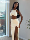 Poshoot   Clubwear  Slim Dress Set Women Holiday Basic Solid 2 Piece Sets Sleeveless Crop Tops High Waist Split Maxi Skirts